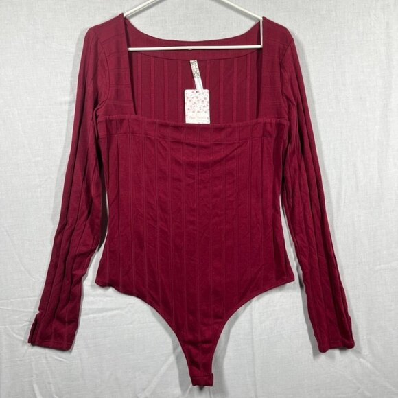 Free People Tops - FREE PEOPLE INTIMATELY Bodysuit Large Maroon Long Sleeve Beside Me Ribbed Thong